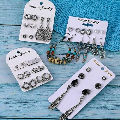 Vienkim Vintage Ethnic Geometric Drop Earrings Set For Women Crystal Wood Bead Pendant Circle Round Dangle Earring Jewelry Party