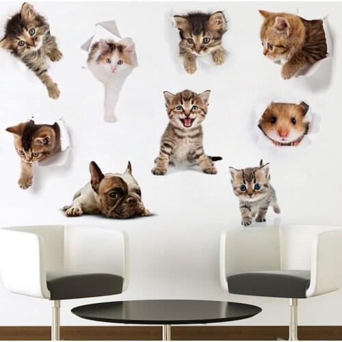 Vivid 3d Hole Cat Dog Animal Toilet Stickers Home Decoration Diy Wc Washroom Pvc Posters Kitten Puppy Cartoon Wall Art Decals