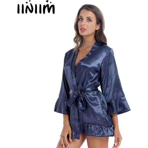 Women Satin Ruffle Hem Night-Robe Bridesmaid Wedding Party Solid Color 3/4 Sleeve Nightgown Sleepwear with Belt G-string