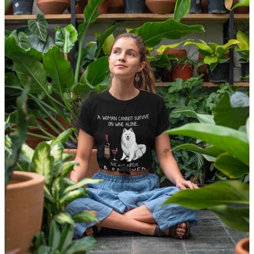 Dog Samoyed T-Shirt Samoyed And Wine T Shirt Trendy 100 Cotton Women tshirt Graphic Pink Ladies Tee Shirt