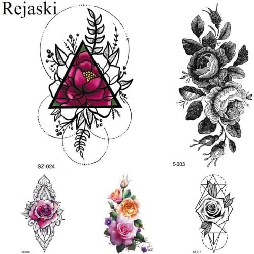 Rejaski Colorful Geometry Flower Temporary Tattoo Stickers Women Fake Tatoos Lotus Makeup Tips Waterproof Tattoo Black Rose Leaf