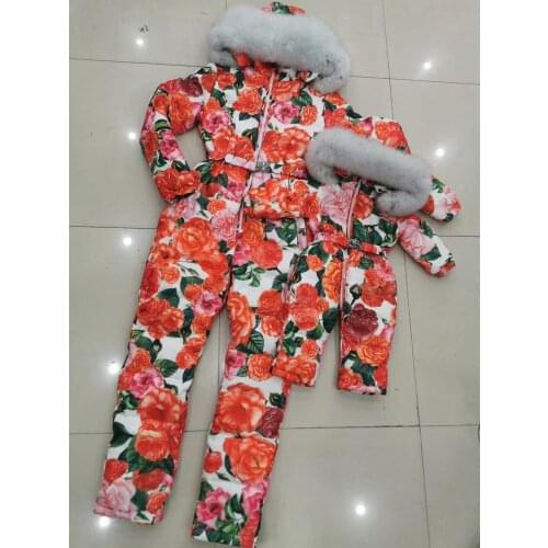 FLOWER super fur 2019 Winter jumpsuit women white duck down jumpsuit Womens ski suit down twinset outdoor suit outerwear