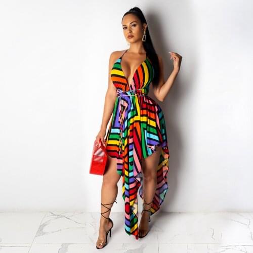 2021 New Style Women Fashion V-neck Backless Long Dress Summer Sleeveless Irregular Hem Dress for Ladies Holiday Beach Dress