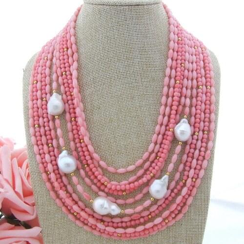 Pink Coral White Keshi Pearl 18" 11 Strands Necklace>>>women jewerly