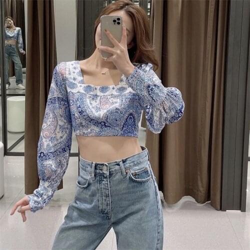 ZXQJ Women 2021 Fashion Cashew Print Linen Short Blouses Vintage Square Collar Long Sleeve Female Shirts Blusas Chic Tops