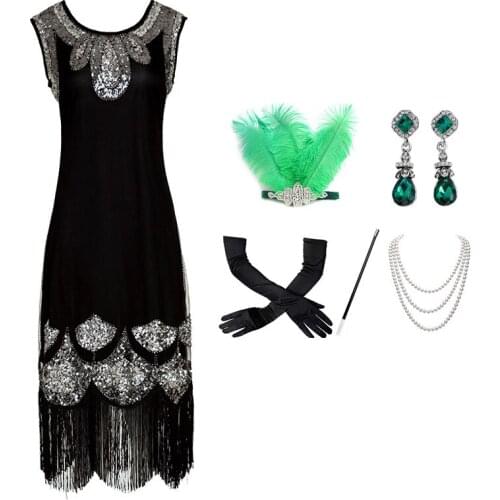 1920s Vintage Flapper Dress Shiny Sequin Black Fringe Clothes Lady Great Gatsby Party Dress Women Retro Banquet Costumes DQL4232