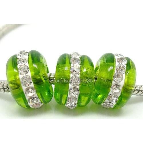 20PCS/lot Green color Beautiful European Clear Rhinestone Lampwork Glass Beads fit Charms Bracelet&Necklace14x9mm