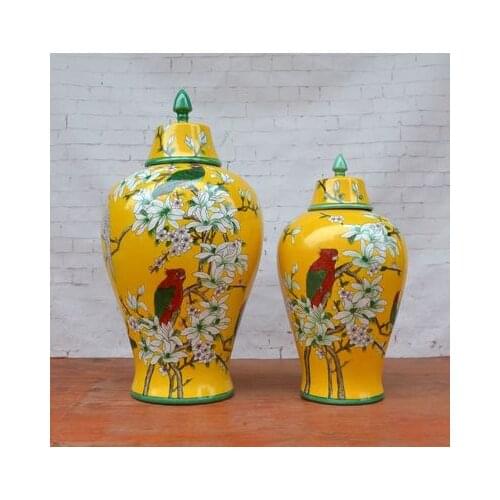 European Style Pastel porcelain temple jar Yellow Flower Bird porcelain Pot With Chinese And Western Decorative Ornaments jar