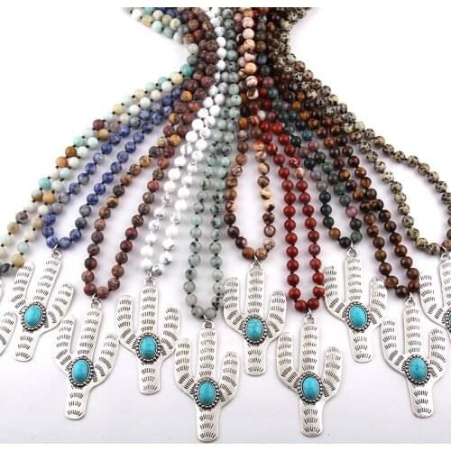 Free Shipping Bohemian Jewelry long knotted Cactus Charm Pendant Necklace For Women Ethnic Necklace