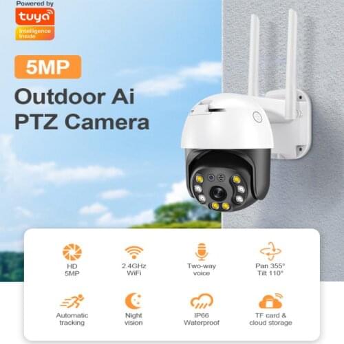 5MP Wifi PTZ Camera Tuya Outdoor Wireless Two Way Audio Human Detect Security IP Cam Night Vision Camera IP66 Waterproof