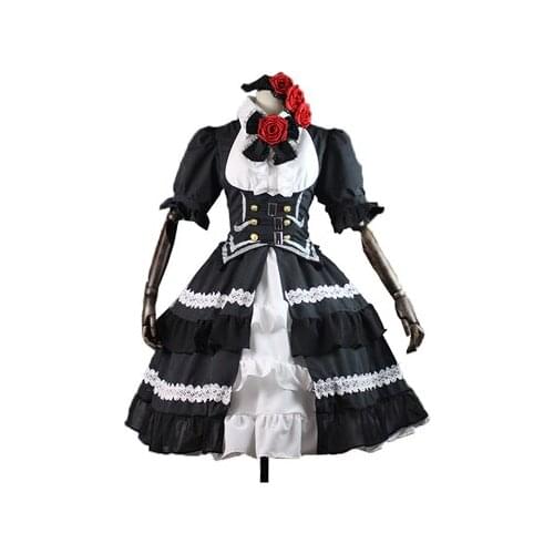Customs size making black ruffled bowtie short lolita dress with hair decoration cosplay short ball gown medieval anime