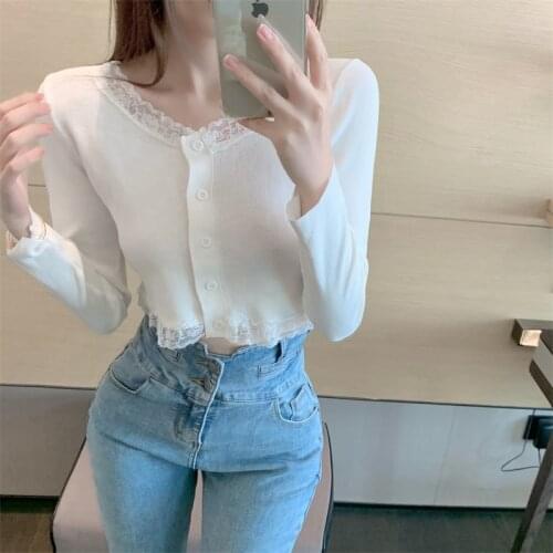 Summer new thin lace short section knit cardigan Slim long sleeve T-shirt women