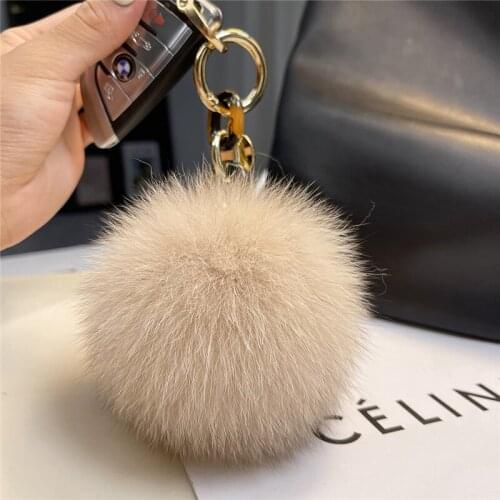 Cute Real Fox Fur Ball Keychain Womens Handbag Charm Pendant Plush Toy Ornaments Car Key Metal Ring Chain Luxury Trinkets Gifts