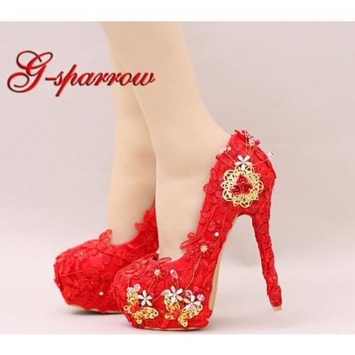 Fashion Red Lace Super High heels Bride Shoes Butterfly Flower Wedding Dress Shoes Round Toe Platform Party Prom Pumps