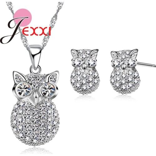 Fashion Girls Cubic Zircon Stud Earrings and Necklaces Austrian Crystal 925 Sterling Silver Owl Design Jewelry Sets