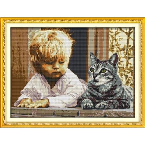 The boy and cat cross stitch kit people 18ct 14ct 11ct count print canvas stitches embroidery DIY handmade needlework