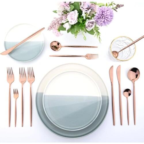 JANKNG 24Pcs Mirror Dinnerware Set Rose Gold Stainless Steel Cutlery Set Fork Knife Flatware Dessert Ice Spoon Dinner Tableware