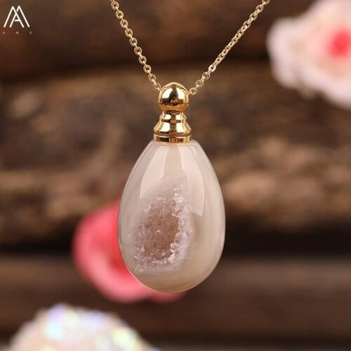 Natural Druzy Geode Agates Oval Perfume Bottle Pendant Necklace Women Unique Drusy Essential Oil Vial Pendant Jewelry Dropship