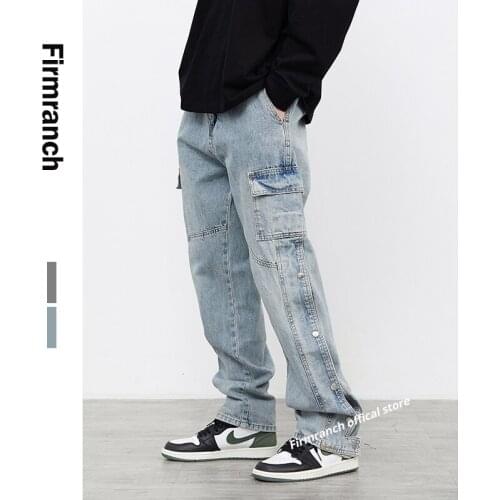 Firmranch New Men/Women Black&Blue Jeans For Men 2021 High Street Stacked Jeans Bottons Boyfriend Vibe Pants Moto Trouse