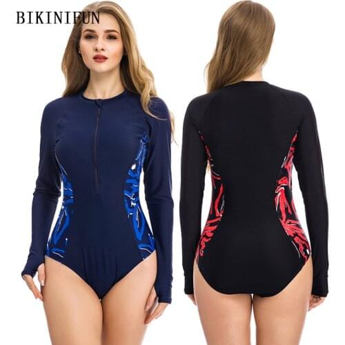2020 New Slim Solid Patchwork Swimsuit Long Sleeve Rash Guards Fitness Beachwear M-2XL Girl Front Zipper Monokini One Piece Suit