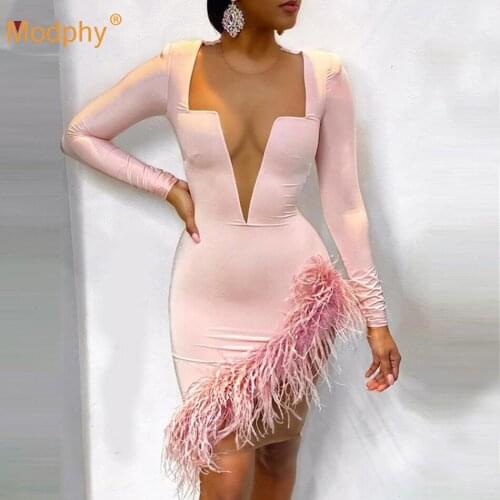 Autumn Sexy Long-Sleeved O-Neck Mesh See-Through Feather Pink Bodycon Bandage Dress 2020 New WomenS Evening Party Dress Vestido