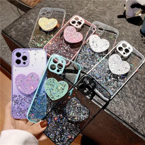 Gradient Glitter Sequins Love Bracket Soft Phone Case For iphone 12 mini 11 Pro Max Back Cover For iphone X XR XS 6 6S 7 8 Plus