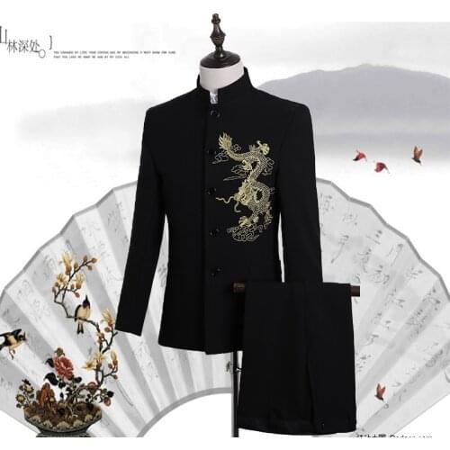 Mens black chinese dragon embroidery tuxedo jacket /stage performance jacket with pants/stuido/dance/sing