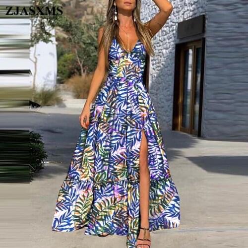 Retro Pattern Print Deep V Neck Boho Dress 2021 Summer Sleeveless Spaghetti Strap Long Dress Spring Sexy Split Women Party Dress