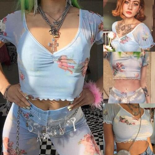 Sexy See Through Transparent Short Ruffles Sleeve Floral Angle Cupid Printed V-Neck Cropped Loose Casual T-shirt New Arrival