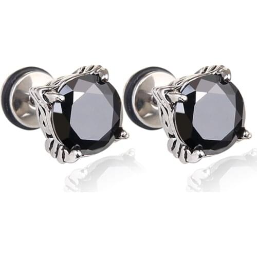 Retro Round Black /Clear CZ Stud Earrings For Men Women Punk Stainless Steel Earrings Unisex Party Jewelry DropShipping