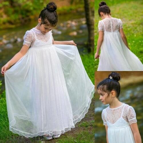 Boho Chic Flower Girl Dresses Vintage Short Sleeves Junior Bridesmaid Gowns Floor Length Bohemian 1st Communion Baby Dress