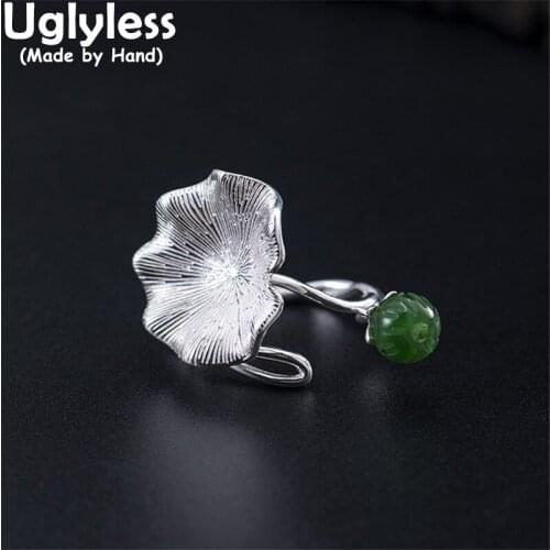 Uglyless Nature Jasper Lotus Rings for Women Exaggerated Big Size Silver Lotus Leaf Open Rings 925 Silver Ethnic Jewelry Vintage