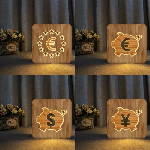 Currency Sign Euro US Dollar Pound 3D Night Light USB Wooden Base DIY Night Lamp For Saving Gift Holiday Light Dropshipping