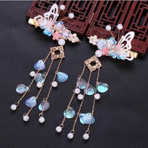 1 Pair Five-pointed Flower Hairpin Ancient Clothes Hair Accessories Long Tassels Colorful Exquisite Butterfly Hair Clips BN