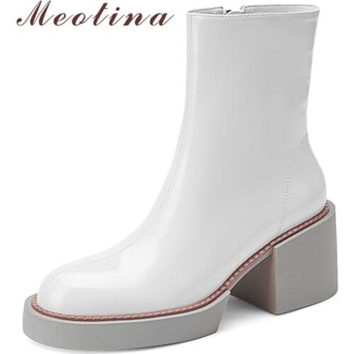 Meotina Women Patent Leather Ankle Boots Thick High Heel Platform Round Toe Boots Zipper Ladies Boots Autumn Winter Beige 34-41
