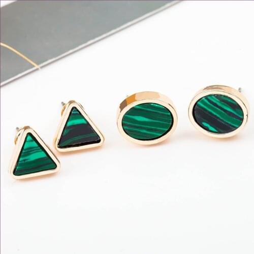 Light Yellow Gold Color Alloy Geometric Shape Malachite Stone Stud Earrings for Women Simple Style Jewelry