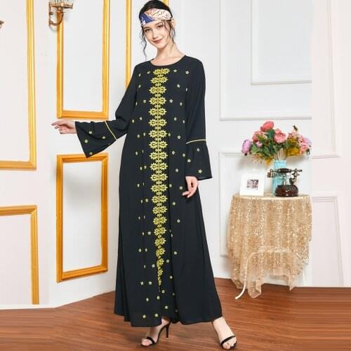 Womens Fashion Embroidered Long Spring and Autumn Dress, Long Sleeve Muslim Long Skirt, Frilled Dress Abaya Dubai Dresses