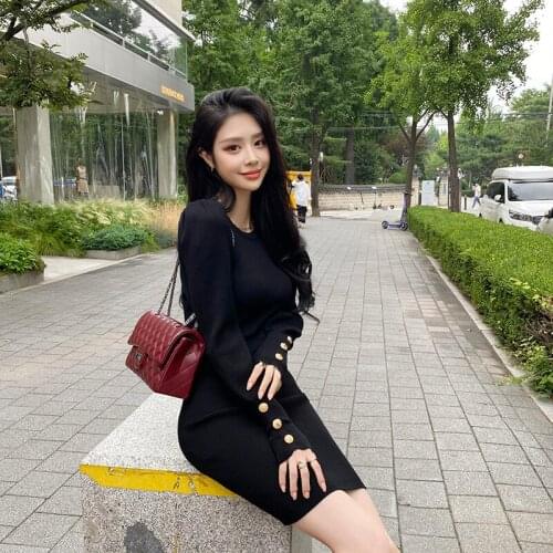 2021 Autumn Winter Knitted Dress Women O Neck Buttons Puff Long Sleeve Pullover Sweater Dresses for Women Korean Bodycon Robe