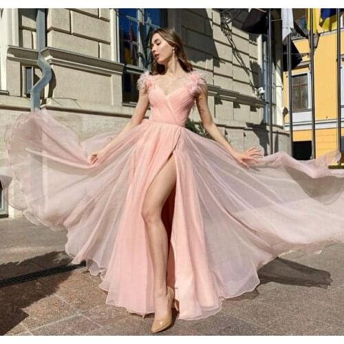 VKBRIDAL Vintage Long Pink Tulle Evening Dresses with Slit Floor Length Formal Party Gowns for Women
