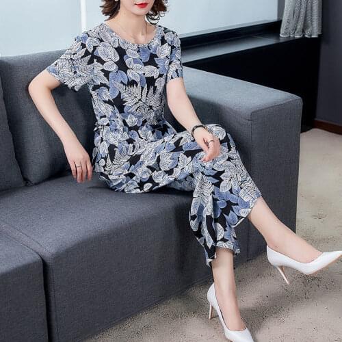 2021 Middle-aged Women 2 Piece Set Summer Suits Short Sleeve Print Tops and Pants Suits Female Casual Plus Size Clothing L401