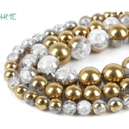 6mm/8mm/10mm/12mm One Side Plated Gold White Snow Cracked Crystal Natural Stone Beads For Jewelry Making DIY Bracelet Necklace
