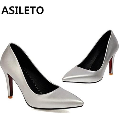 ASILETO Small Big Size 32-43 Dress Shoes Lady Pointe Toe 9cm Thin Heel Pumps PU Leather Office Silver Gold Wedding S2489