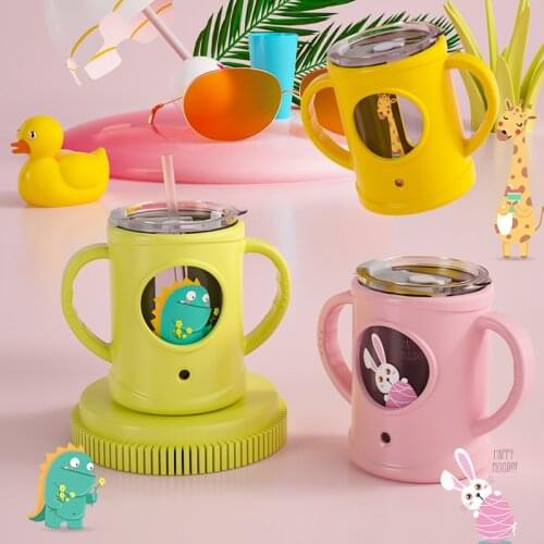 Children Glass Water Cup Cute Cartoon Toddler Drink Mug With Straw Leak-Proof Rabbit Milk Bottle Kids Scale Tumbler PBA Free