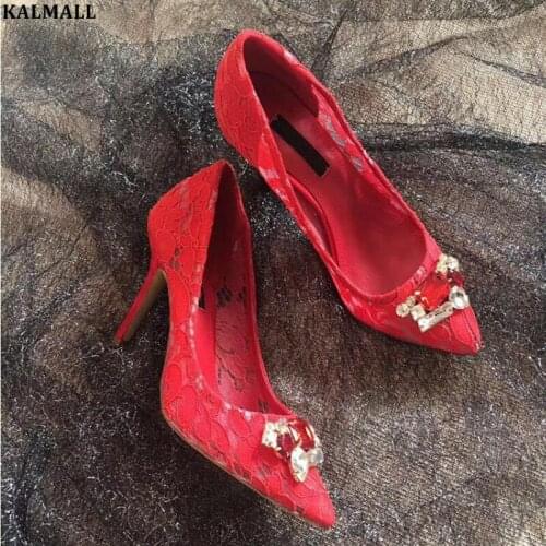 KALMALL Bride Wedding Shoes Lace High Heels Diamond Studded Clear Crystal Pumps Pointed Toe Stilettos