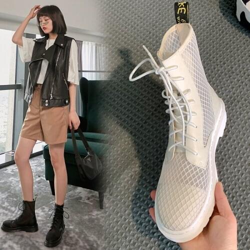 Leather square heel round head lace-up mesh boots fashion thick bottom cool boots soft bottom comfortable single boots Z727