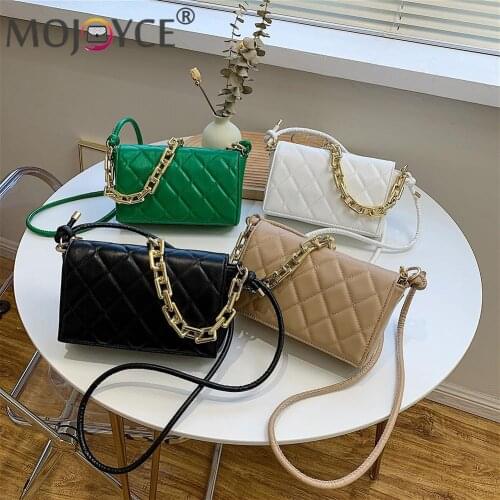 Fashion Women Lattice Pattern Shoulder Crossbody Bag with Thick Acrylic Chain Portable Solid Color PU Leahter Hasp Small Handbag