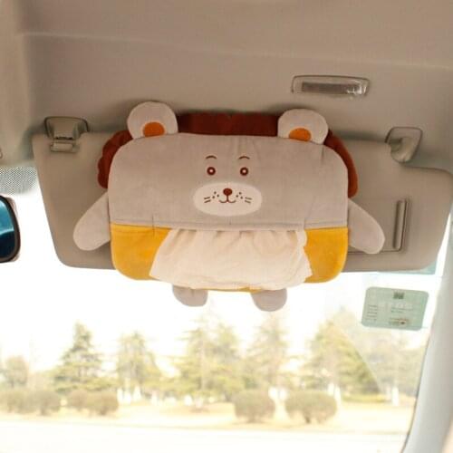 Cartoon Creative Car Sun Visor Hanging Tissue Box Plush Cute Lion Seat Back Paper Napkin Armrest Storage Bag Holder Organizer