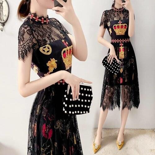 National Style Womens 2021 New Summer Lace Small Black Skirt Long Shows Thin Temperament Waist Sexy Dress Vestido Oodji Vfemage