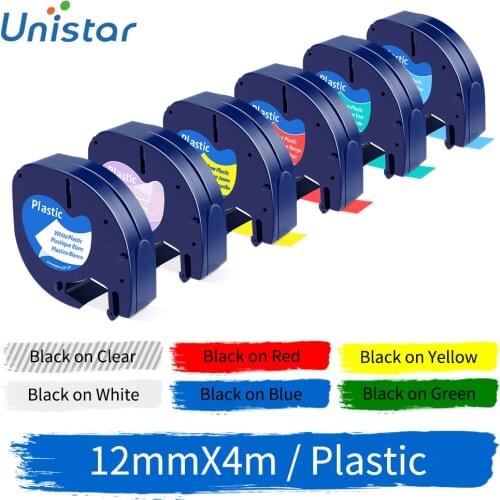 Unistar 91201 Plastic Tape Compatible for Dymo Letratag 12mm Black on white LT91331 9120112267 18769 18771 for LT-100H LT-100T