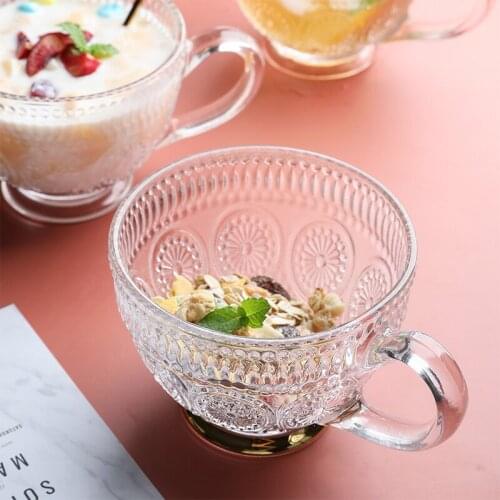 Transparent Glass Breakfast Cup Oatmeal Coffee Tea Milk Yogurt Cup CreativePhnomPenhReliefCup Heat-resistantCrystal Embossed Cup
